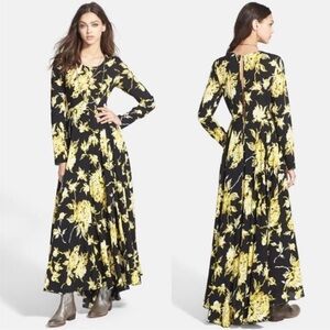Free People Black Yellow Floral Long Sleeve Maxi Dress button back small